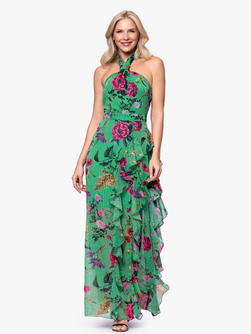 Betsy & Adam Green Floral Halter Ruffle Maxi Dress